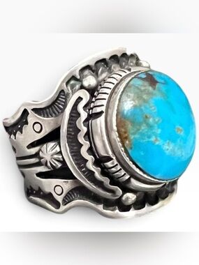 Vintage Sterling Silver Native Style Turquoise Mens Ring Size 13.5 Southwestern